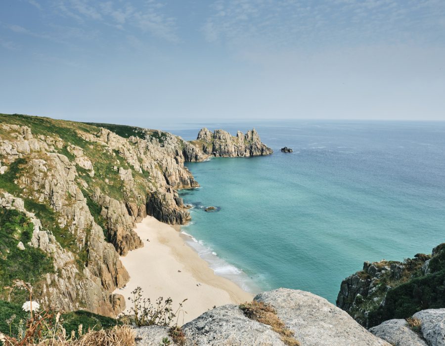 Famous Pedn Vounder Beach, South Cornwall on a bright sunny June afternoon.